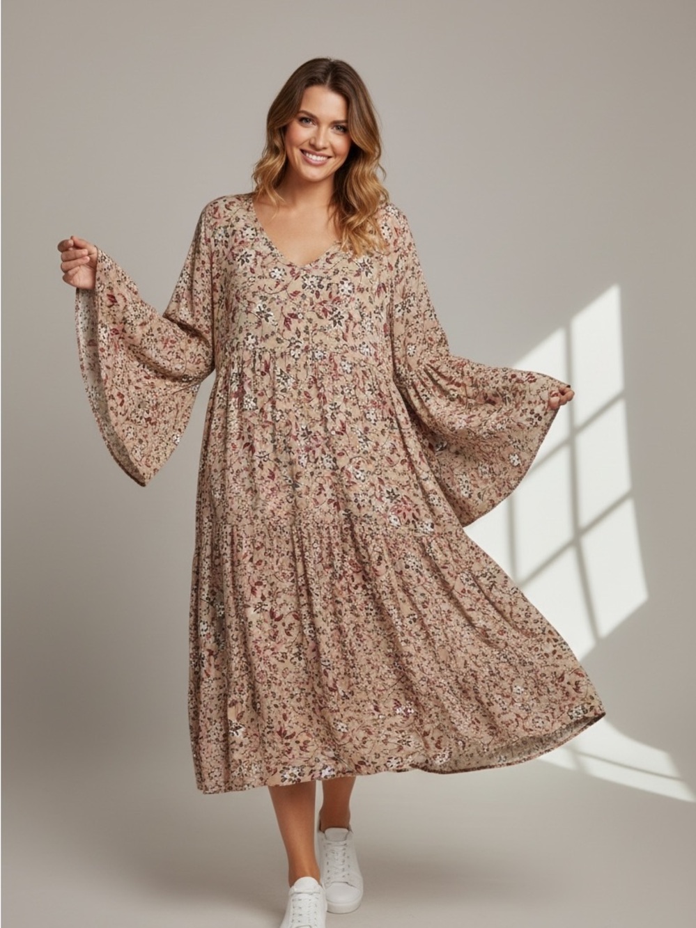 H1 easel Taupe Floral Bell-Sleeve Tiered Maxi Dress